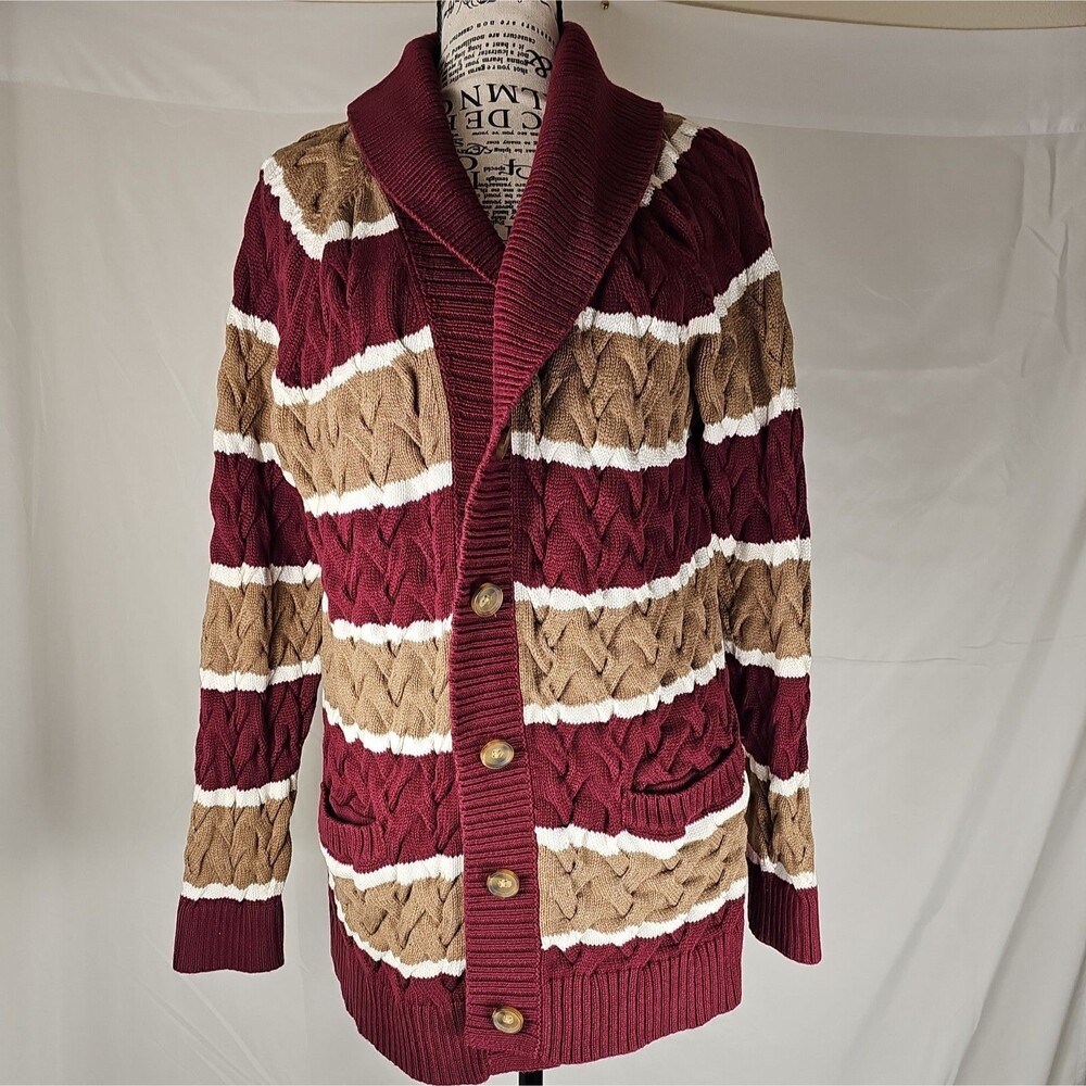 Lands End Drifter Shawl Collar Cardigan 14/16 Cable Knit Striped Cotton